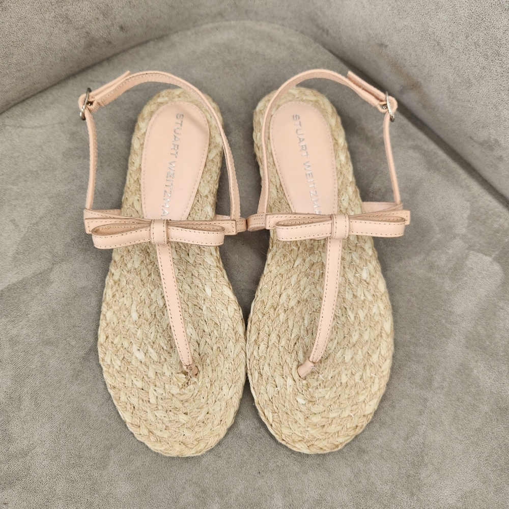 Stuart Weitzman SW Thong Sandals 7.5 Pale Pink Leather Felicity Woven Raffia